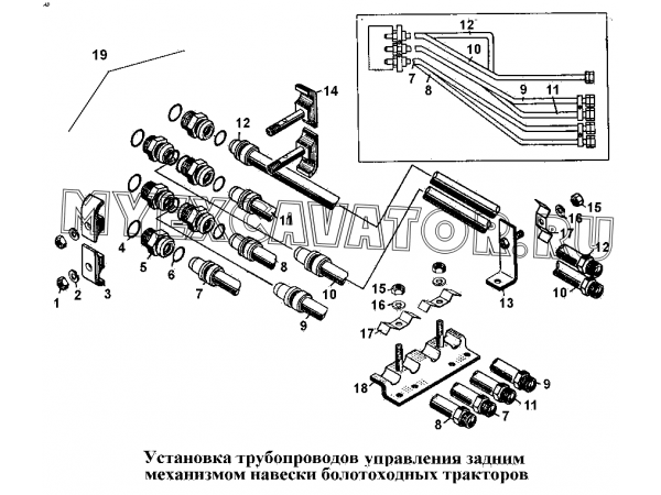 Установка трубопроводов управления задним механизмом навески болотоходных тракторов ЧТЗ Т-170