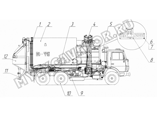 Мусоровоз с боковой загрузкой на базе шасси КамАЗ-53215-15, КамАЗ-65115-D3, KaмАЗ-65115-62 КО-449.00.00.000-02 МЗКМ КО-449