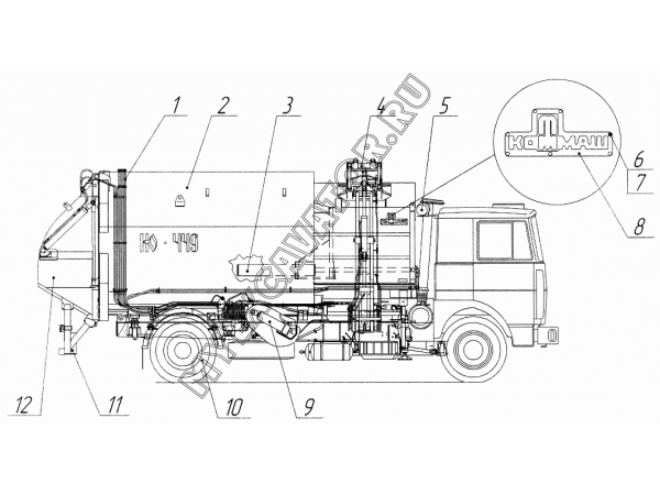 Мусоровоз с боковой загрузкой на базе шасси МАЗ-533603, МАЗ-5336А3 КО-449.00.00.000-35 МЗКМ КО-449