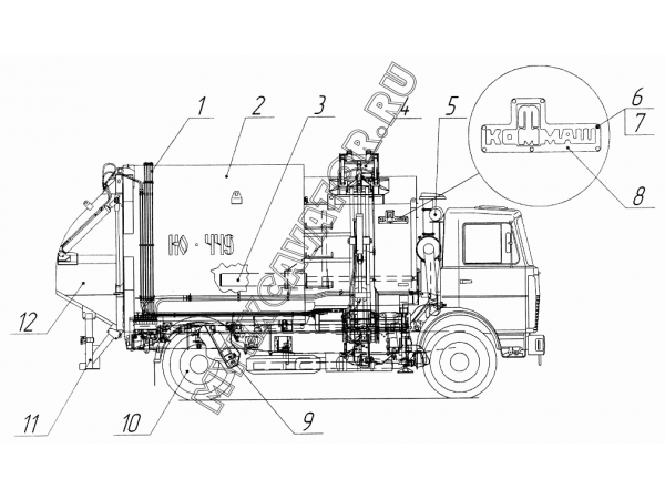 Мусоровоз с боковой загрузкой на базе шасси МАЗ-533702, МАЗ-5337А2 КО-449.00.00.000-33 МЗКМ КО-449