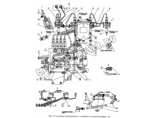Топливные трубопроводы и установка топливной аппаратуры ММЗ Д-245S2-413