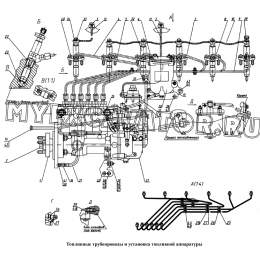 Топливные трубопроводы и установка топливной аппаратуры ММЗ Д-260.2