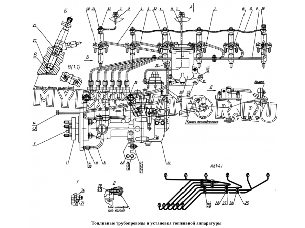 Топливные трубопроводы и установка топливной аппаратуры ММЗ Д-260.2