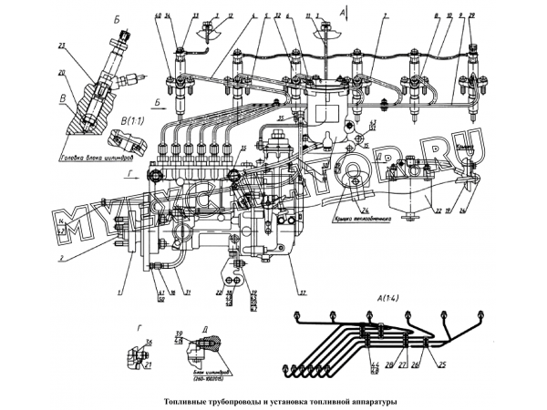 Топливные трубопроводы и установка топливной аппаратуры ММЗ Д-260.9