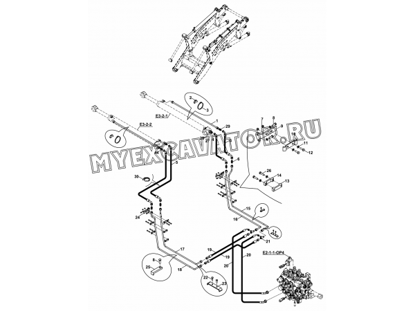 Гидросистема/CIRCUIT MOUNTING, RAM, SHOVEL, LOADER (S/N: A19041-) E1-4-2-OP4 Hidromek HMK 102 B