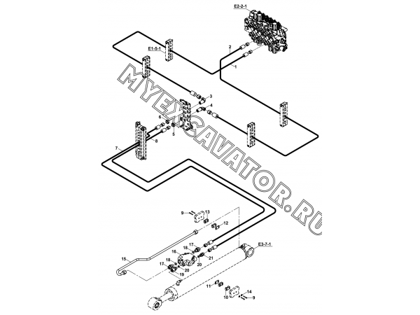 Гидросистема/CIRCUIT MOUNTING, RAM, DIPPER, (WITH PROTECTION VALVE), BACKHOE (S/N: A19001-) E1-5-6-OP Hidromek HMK 102 B