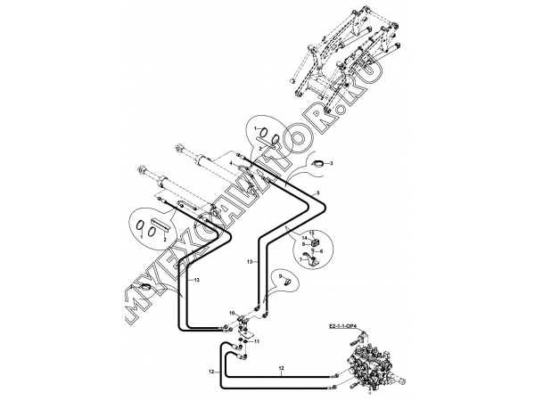 Гидросистема/CIRCUIT MOUNTING, RAM, LIFT, LOADER (S/N: A19001-) E1-4-1-OP4 Hidromek HMK 102 B
