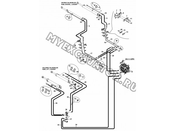 Гидросистема/CIRCUIT MOUNTING, SHOVEL INSTALLATION, LOADER (S/N: A19041-) E1-4-4-OP4 Hidromek HMK 102 B