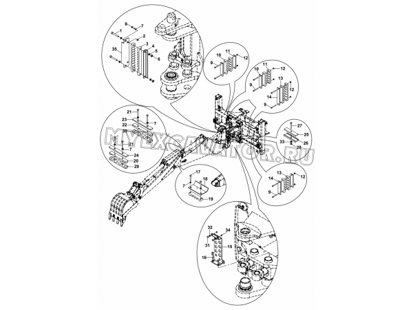 Гидросистема/HOSE HOLDER SET, HYDRAULIC, NB+KT, BACKHOE (S/N: A19001-) E1-5-1-A Hidromek HMK 102 B