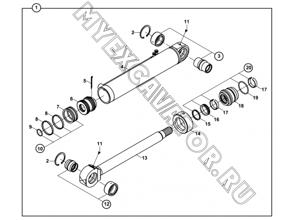 Гидроцилиндр/RAM, LEVELLING BLADE RIGHT WITH 2 AXIS TURN (S/N: A19001-) E3-11-2-0P Hidromek HMK 102 B