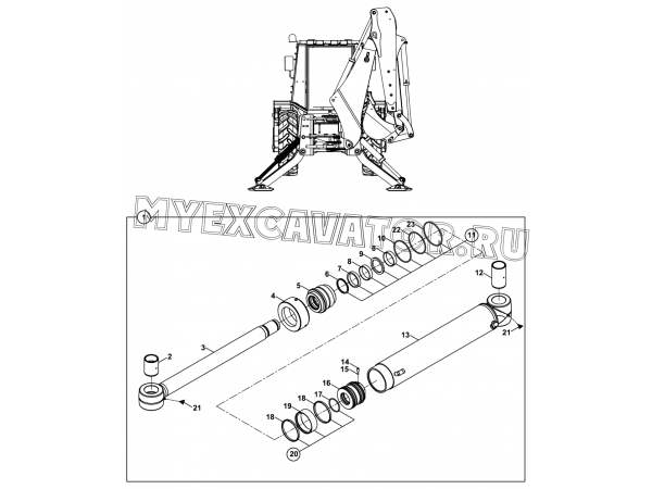 Гидроцилиндр/RAM, STABILISER, RIGHT (S/N: A19041-) E3-4-2-OP4 Hidromek HMK 102 B