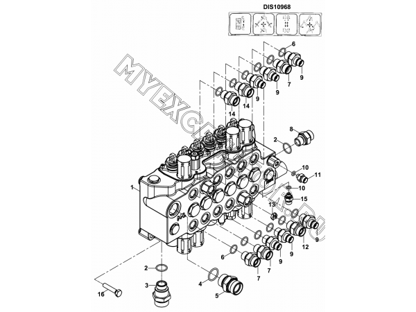 Гидросистема/BACKHOE CONTROL VALVE BLOCK AND ADAPTERS, LEVERS, NB (X-DIAGONAL) (S/N: A80001-) E2-2-1-OP5 Hidromek HMK 102 S