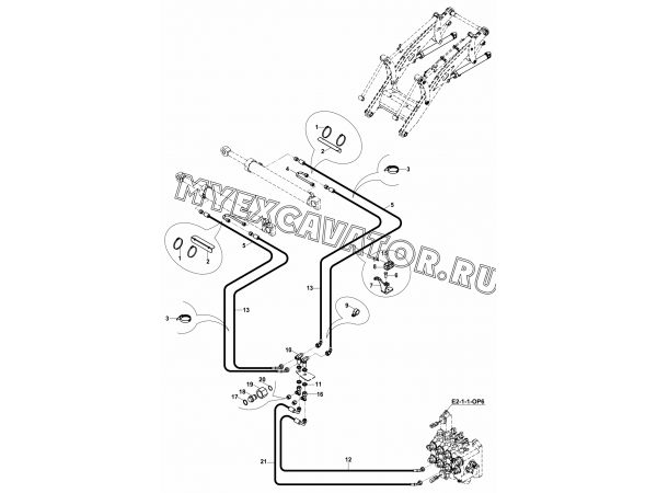 Гидросистема/CIRCUIT MOUNTING, RAM, LIFT, LOADER (S/N: A80001-) E1-4-1-OP3 Hidromek HMK 102 S