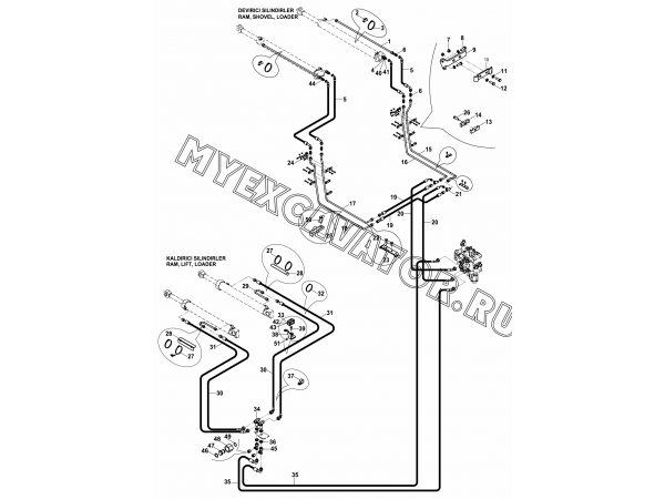 Гидросистема/CIRCUIT MOUNTING, SHOVEL INSTALLATION, LOADER (S/N: A80001-) E1-4-4 Hidromek HMK 102 S