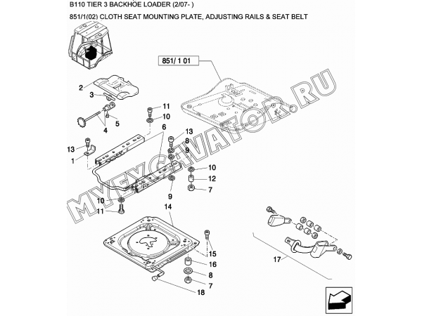 Сиденье оператора/CLOTH SEAT MOUNTING PLATE, ADJUSTING RAILS &amp; SEAT BELT New Holland B110