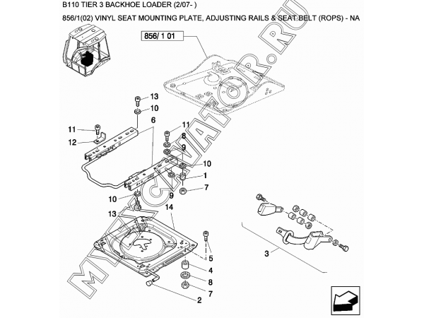 Сиденье оператора/VINYL SEAT MOUNTING PLATE, ADJUSTING RAILS &amp; SEAT BELT (ROPS) - NA New Holland B110