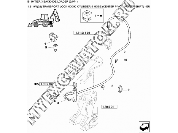 Гидросистема/TRANSPORT LOCK HOOK, CYLINDER &amp; HOSE (CENTER PIVOT, POWER SHIFT) - EU New Holland B110