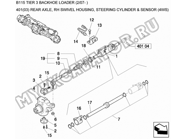 Задний мост/REAR AXLE, RH SWIVEL HOUSING, STEERING CYLINDER &amp; SENSOR (4WS) New Holland B115