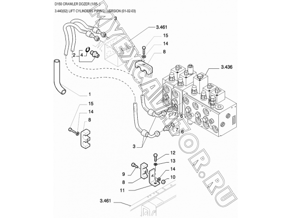 Трубопроводы подъемного цилиндра/LIFT CYLINDERS PIPING - VERSION (01-02-03) New Holland D150