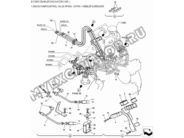 1.054(19) Гидросистема/PUMP/CONTROL VALVE PIPING - EXTRA + NIBBLER &amp; BREAKER New Holland E115SR