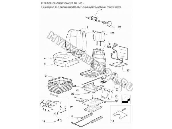 Сиденье с пневматической подвеской и подогревом/PNEUM. CUSHIONING HEATED SEAT - COMPONENTS - OPTIONAL CODE 781000038 New Holland E215