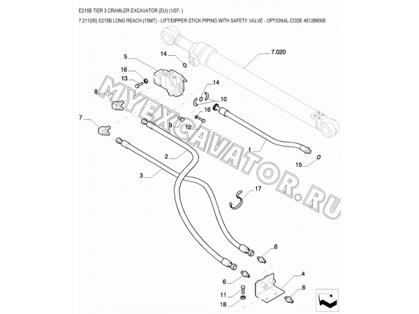 Гидросистема/E215B LONG REACH (15MT) - LIFT/DIPPER STICK PIPING WITH SAFETY VALVE - OPTIONAL CODE 461289008 New Holland E215