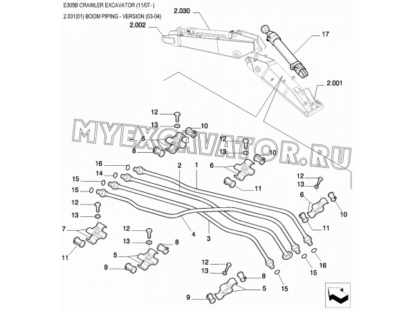 Трубопроводы стрелы/BOOM PIPING - VERSION (03-04) New Holland E305B
