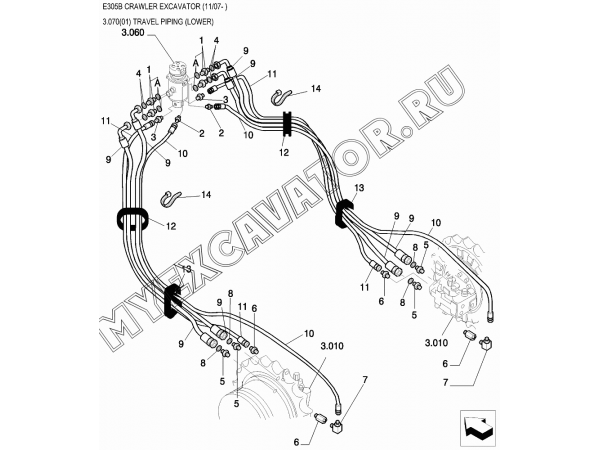 Трубопроводы ходовые/TRAVEL PIPING (LOWER) New Holland E305B