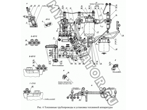 Топливные трубопроводы и установка топливной аппаратуры ММЗ Д-245.5С